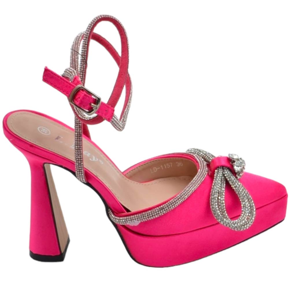 Scarpe decollete donna gioiello fucsia argento in raso con plateau 3 cm e tacco alto 15 cm cinturino alla caviglia moda