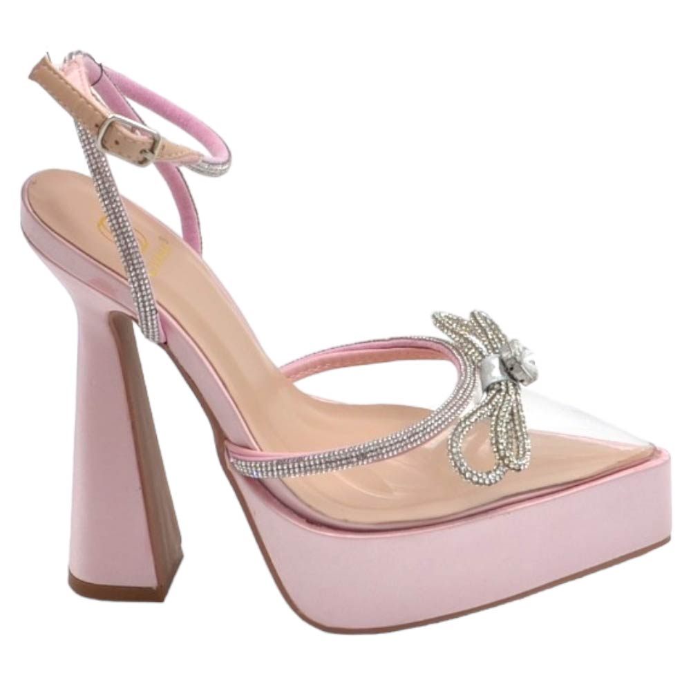 Scarpe decollete donna gioiello trasparente rosa plateau 3 cm e tacco alto 15 cm cinturino alla caviglia moda.