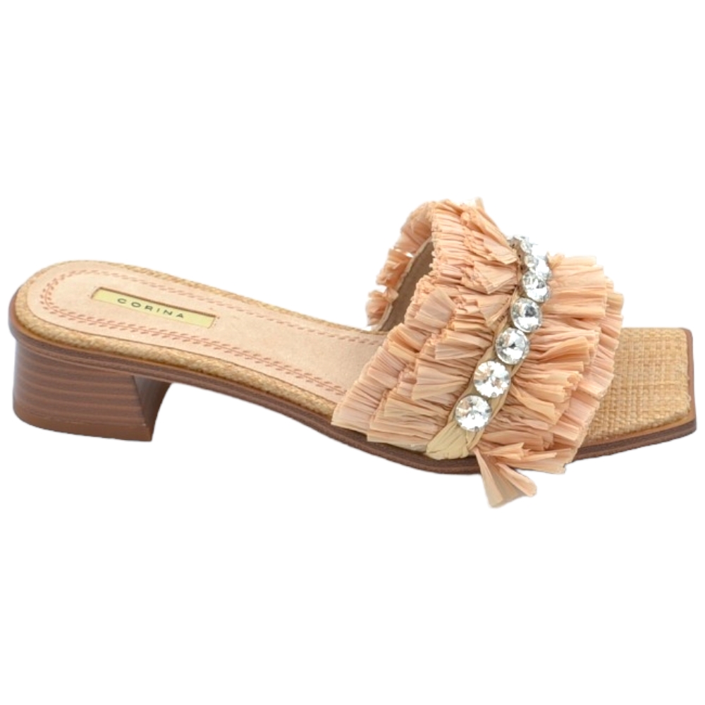 Pantofoline donna mule beige con drappeggi e strass voluminosa colorata punta quadrata morbide tacco largo 3 cm