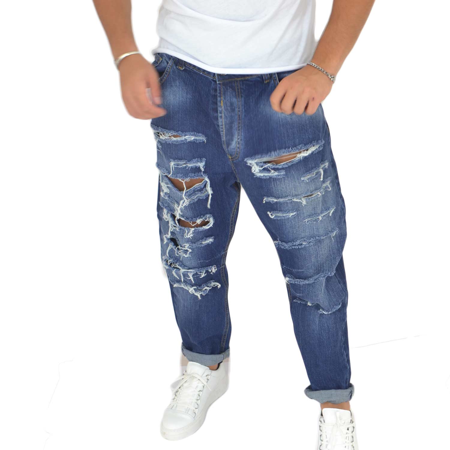 Pantaloni Jeans blu scuro denim biker. Skinny fit. Chiusura con bottone e cerniera strappato moda 