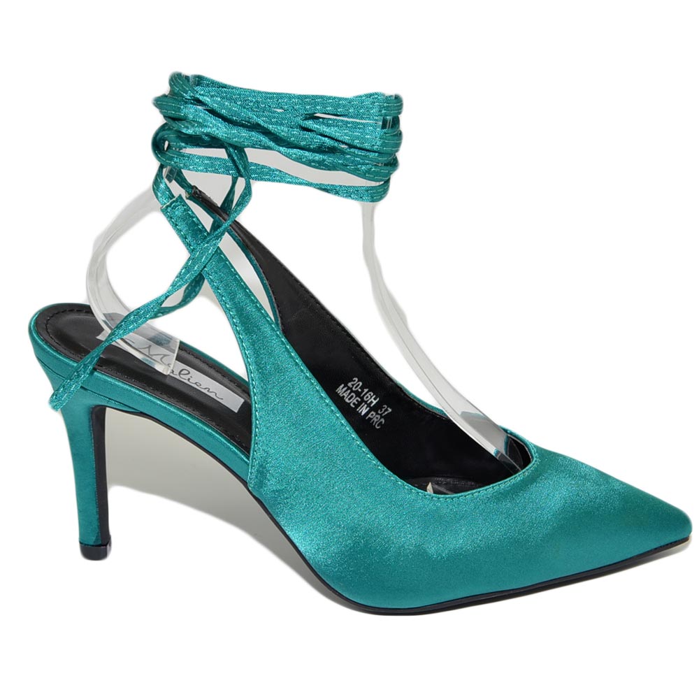 Decollete' sandalo donna verde bottiglia punta raso tallone aperto allacciatura schiava caviglia lacci scarpa tacco 10.