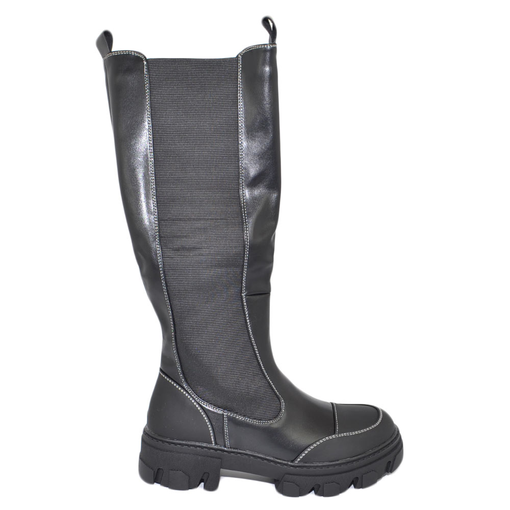 Stivali donna combat boots gomma alta con elastico cuciture contrasto chelsea nero zip altezza ginocchio moda comodo