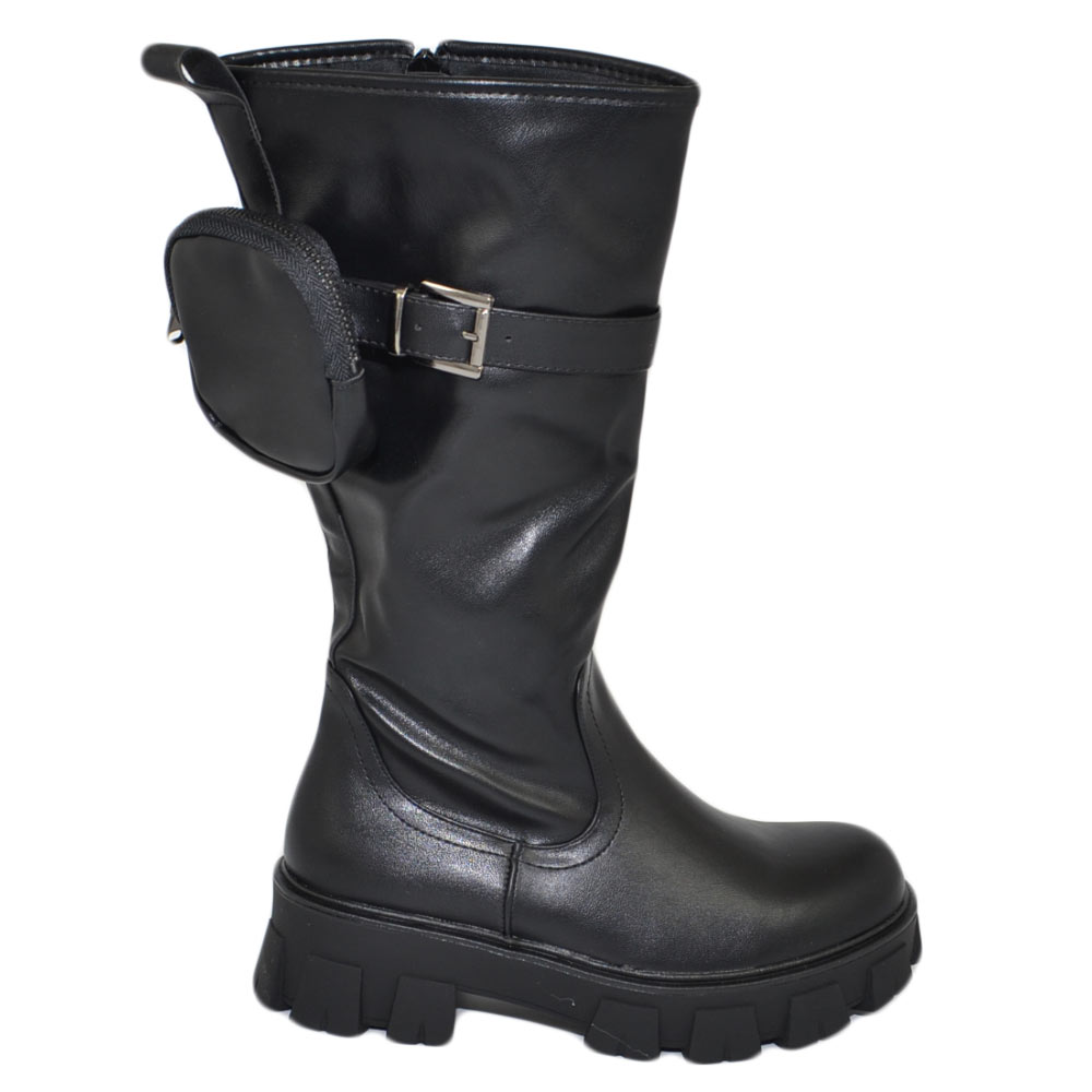 Stivali donna combat boots gomma alta con catena   nero zip altezza ginocchio moda comodo.