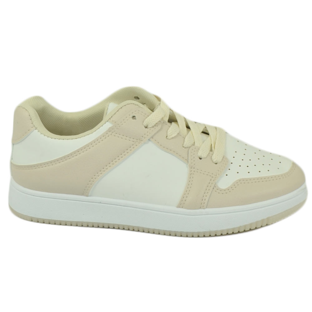 Sneakers bassa donna bianco bicolore beige suola basic gomma lacci in tinta comodo moda morbido antiscivolo