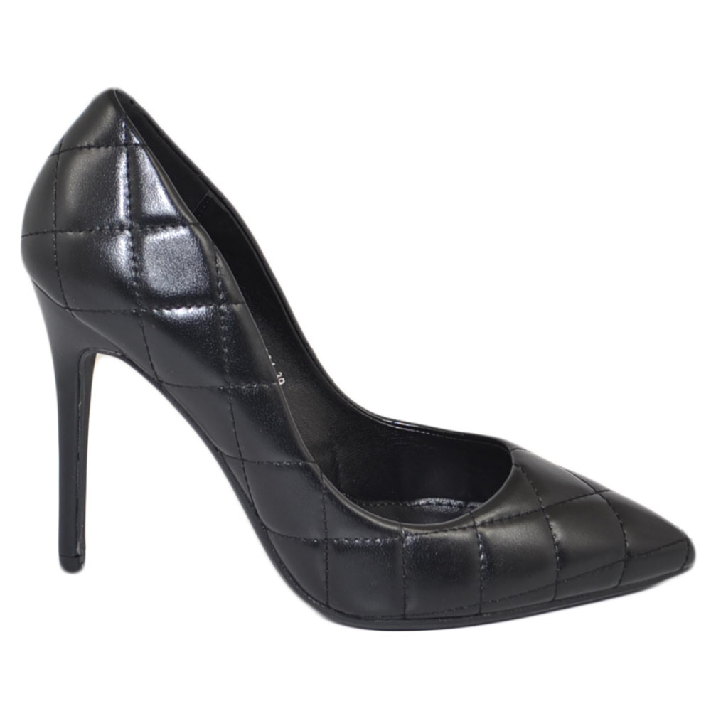 Scarpe donna decollete a punta elegante in pelle trapuntata nero tacco a spillo 12 cm moda evento.