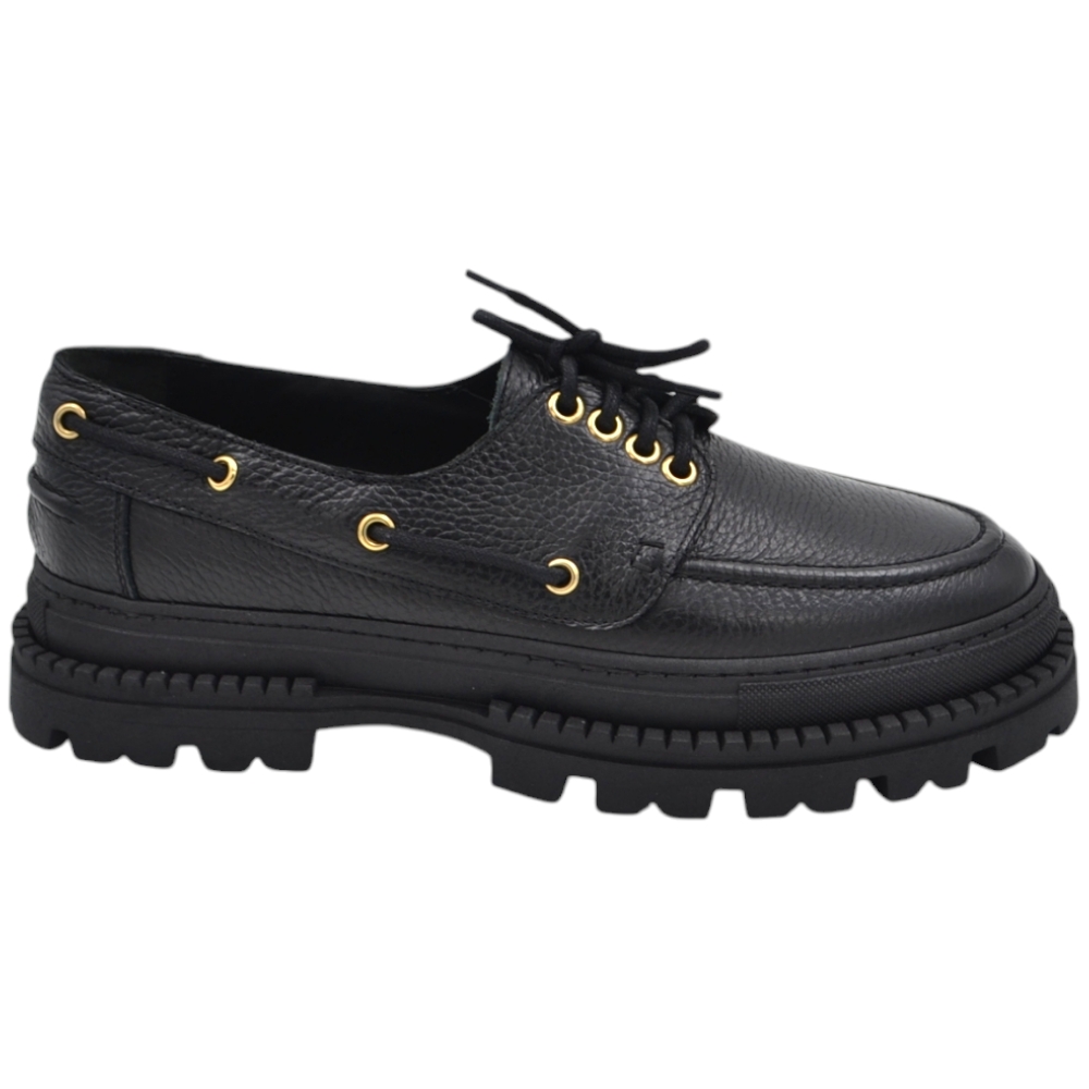 Scarpa mocassino barca LS Luisantiago limited in vera pelle di nappa nero bottolato con suola exclusive combat alta.