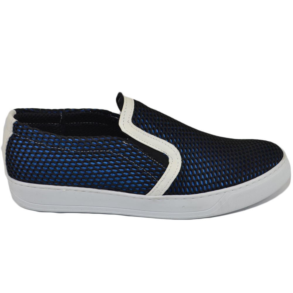 Scarpe uomo slip on mocassino nero a base blu con suola sportiva elastico laterale comodo in pelle e tela intrecciato