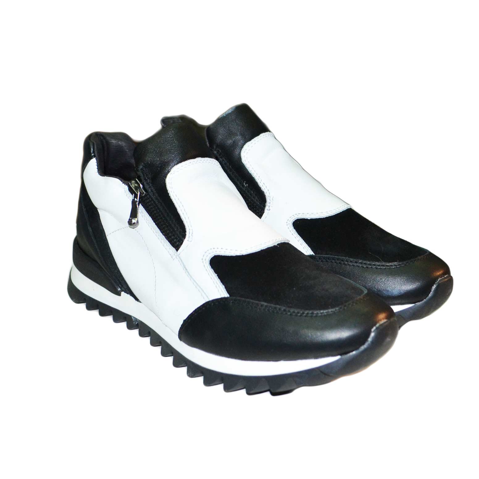 Sneakers bassa donna con zip bicolore vera pelle made in italy trapuntata .