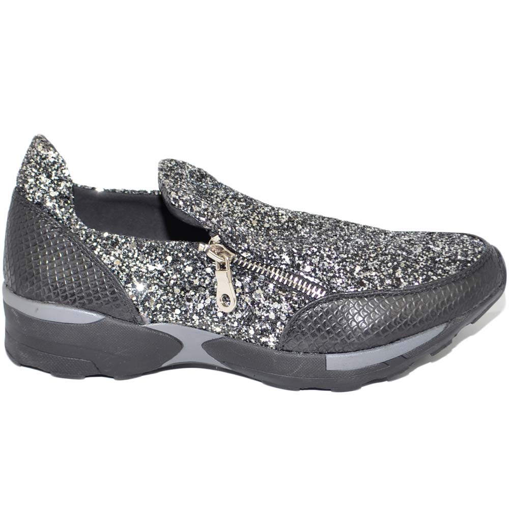 Sneakers casual bassa donna con zip laterali glitter argento fondo running leggere comode moda punta tonda.