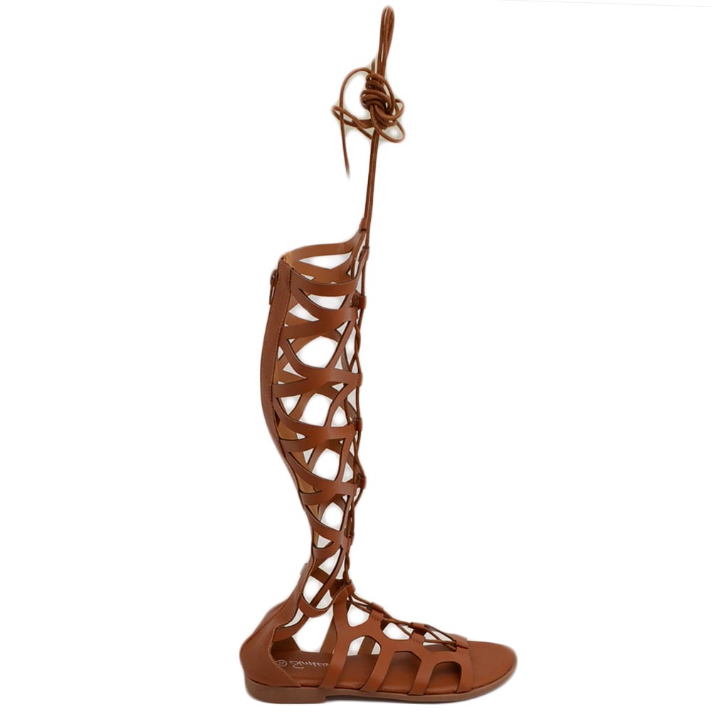 Stivali estivi alla schiava donna cuoio con lacci regolabile comodo al ginocchio senza tacco raso terra moda gladiatore.