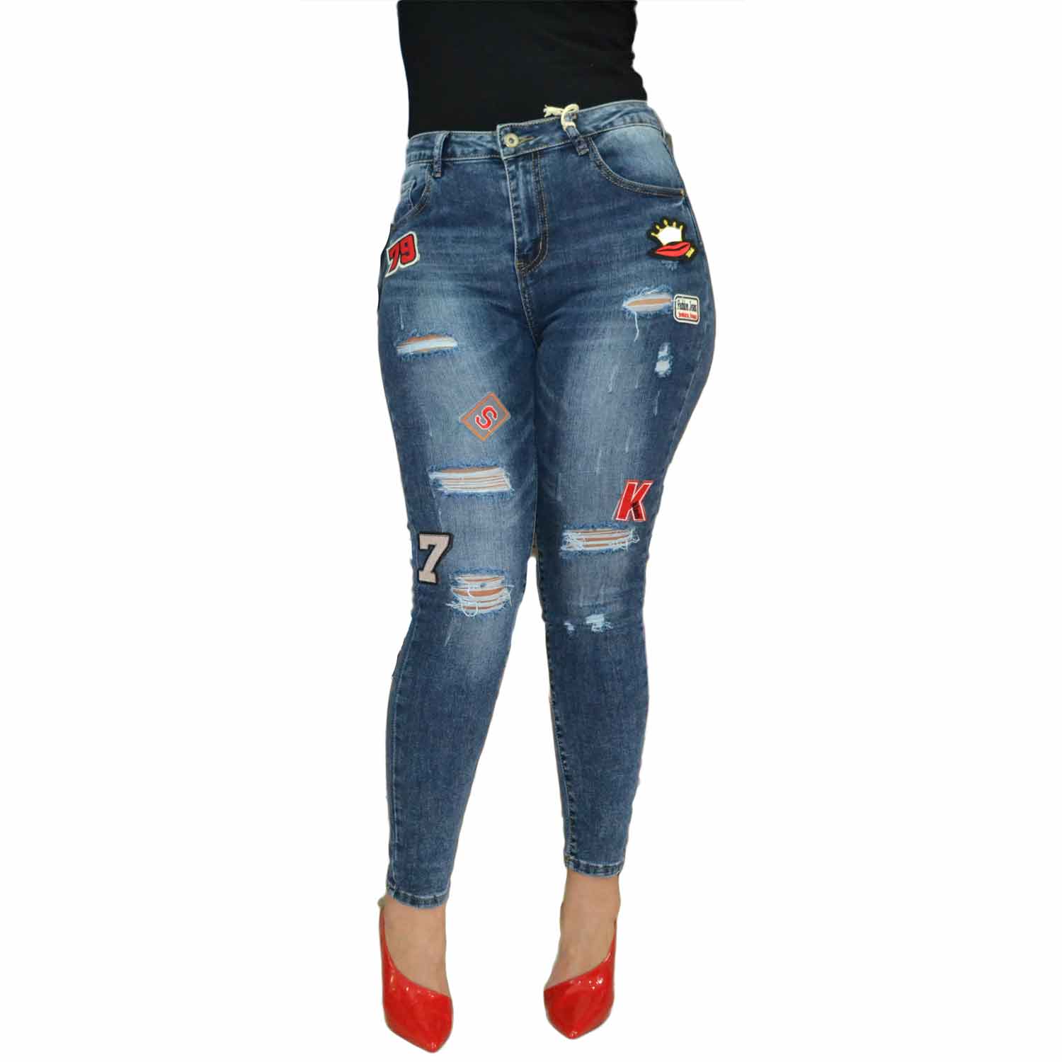 Pantaloni Jeans Donna designer con toppe e stemma donna jeans Made In Italy