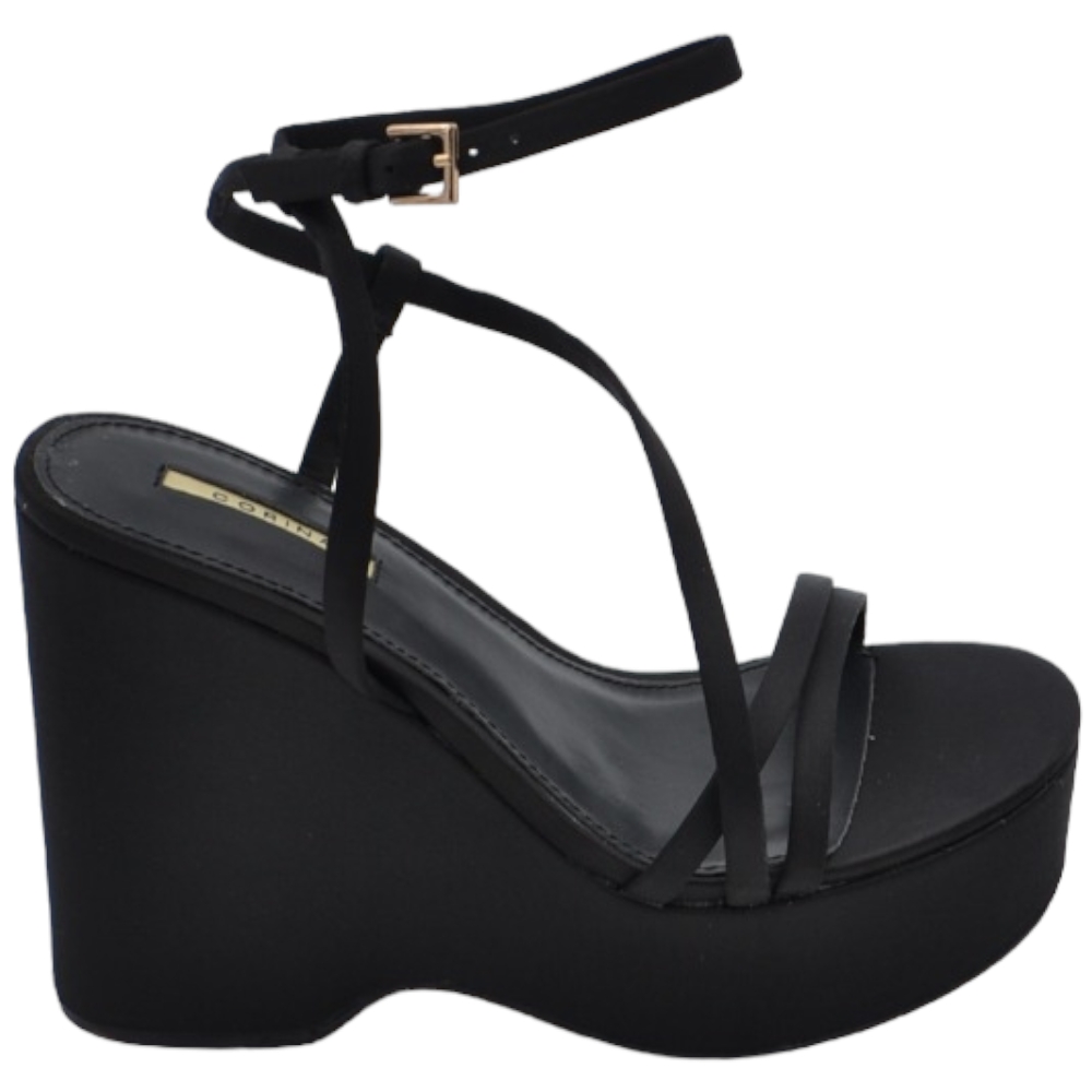 Zeppa donna nero in pelle chiusura alla caviglia fondo tono su tono asimmetrico platform zeppa 10cm plateau 3cm