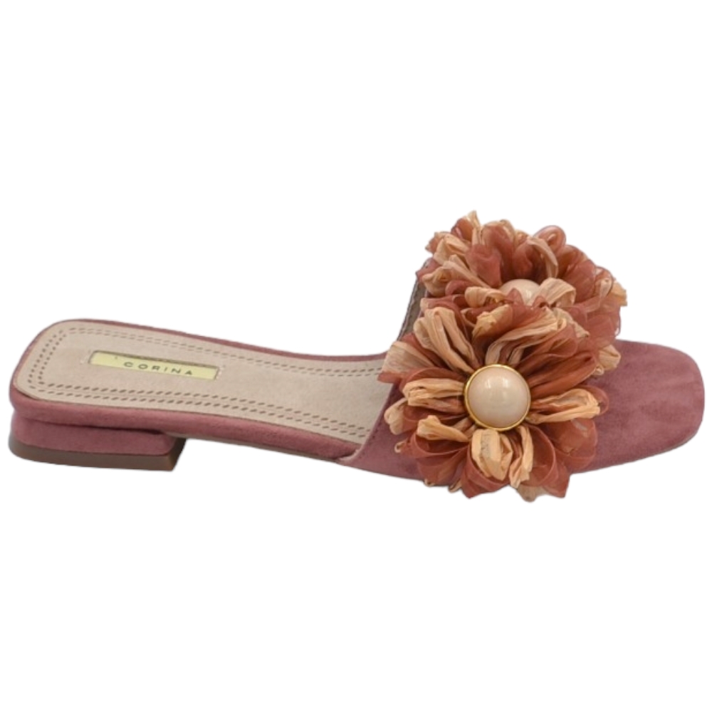 Pantofoline donna mule rosa con applicazioni floreale voluminosa colorata punta quadrata morbide tacco largo 1 cm