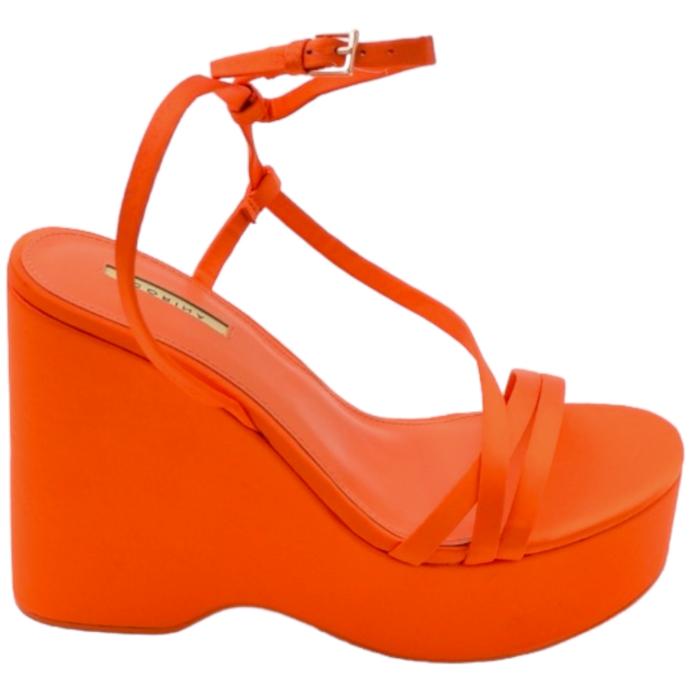 Zeppa donna arancione in pelle chiusura alla caviglia fondo tono su tono asimmetrico platform zeppa 10cm plateau 3cm.