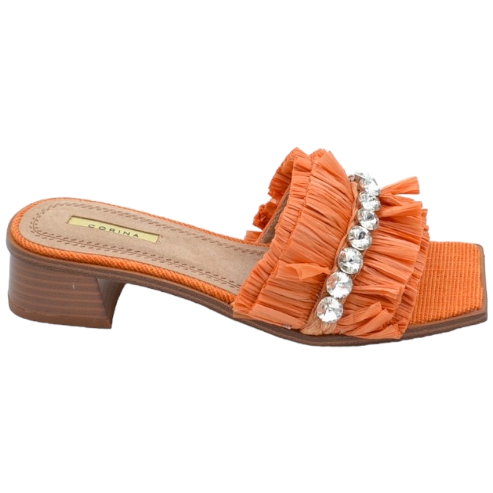 Pantofoline donna mule arancione con drappeggi e strass voluminosa colorata punta quadrata morbide tacco largo 3 cm