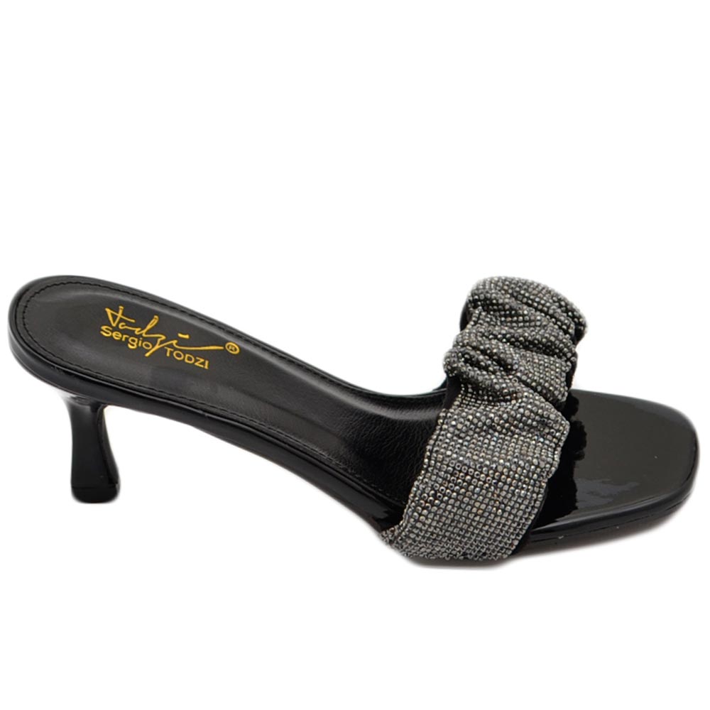 Sandalo gioiello nero donna tacco sottile 7 cm fascia arricciata di strass luccicanti cerimonia evento open toe.