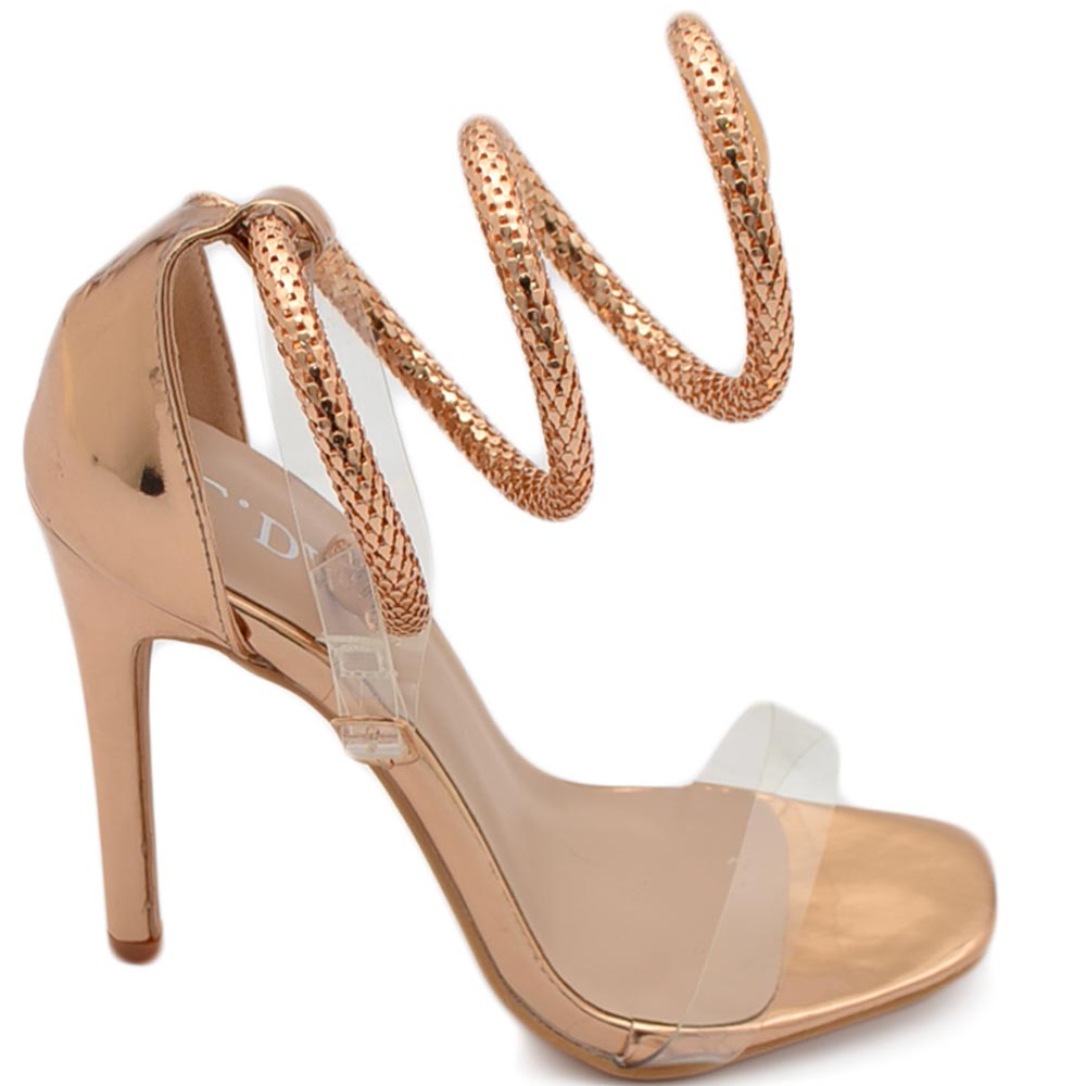 Sandali tacco donna con fasce trasparenti tacco 12 a spillo e accessorio  serpente alla schiava in metallo champagne donna sandali tacco Malu Shoes
