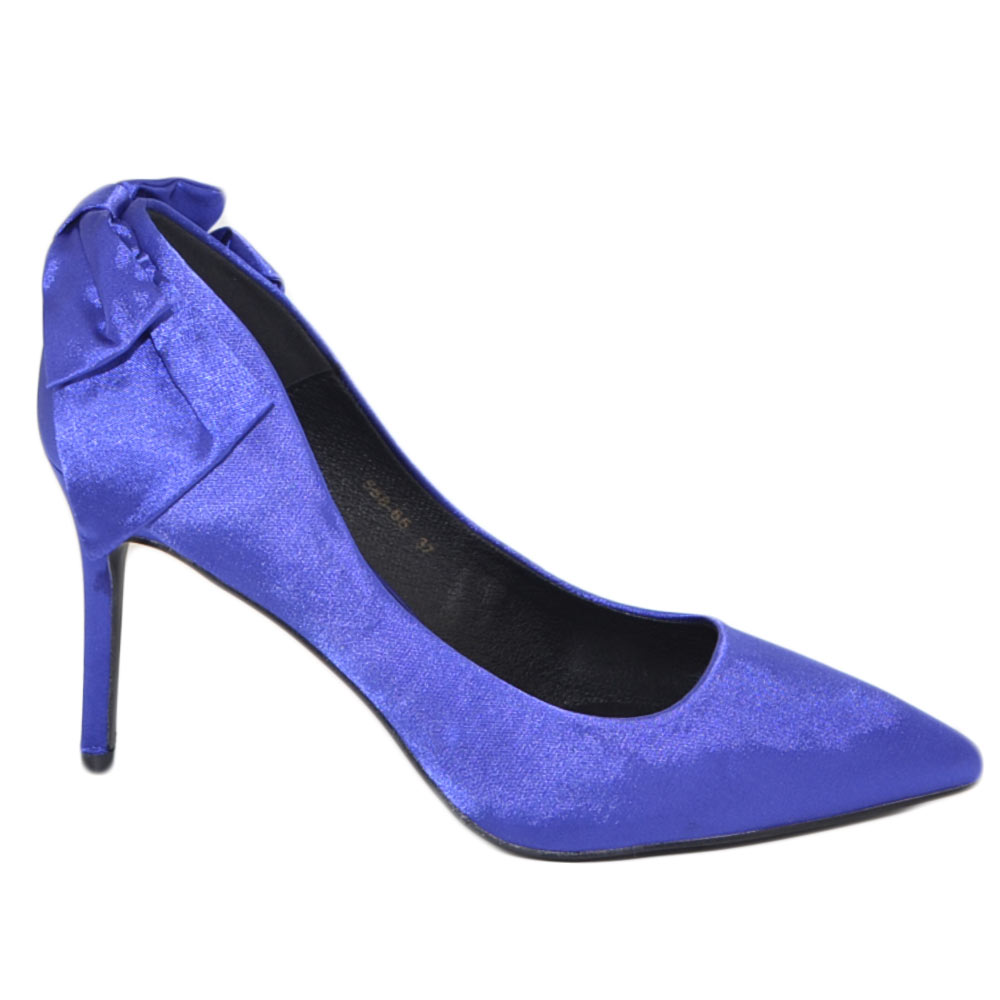 Scarpe donna decollete punta elegante raso blu cobalto tacco spillo 10 fiocco retro moda elegan cerimonia evento anni 30