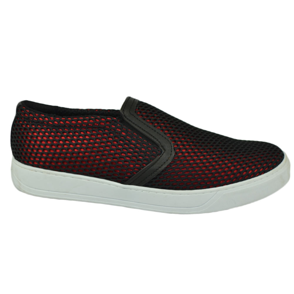 Scarpe uomo slip on mocassino nero a base rosso con suola sportiva elastico laterale comodo in pelle e tela intrecciato