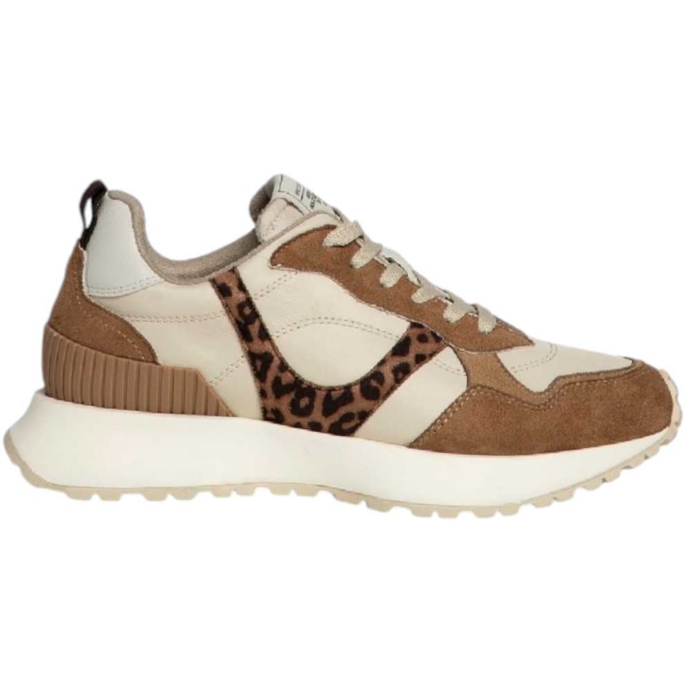 Sneakers bassa donna Corina M4532 in pelle e nabuk cuoio e leopard fondo alto zigrinato comode moda made in Spain.