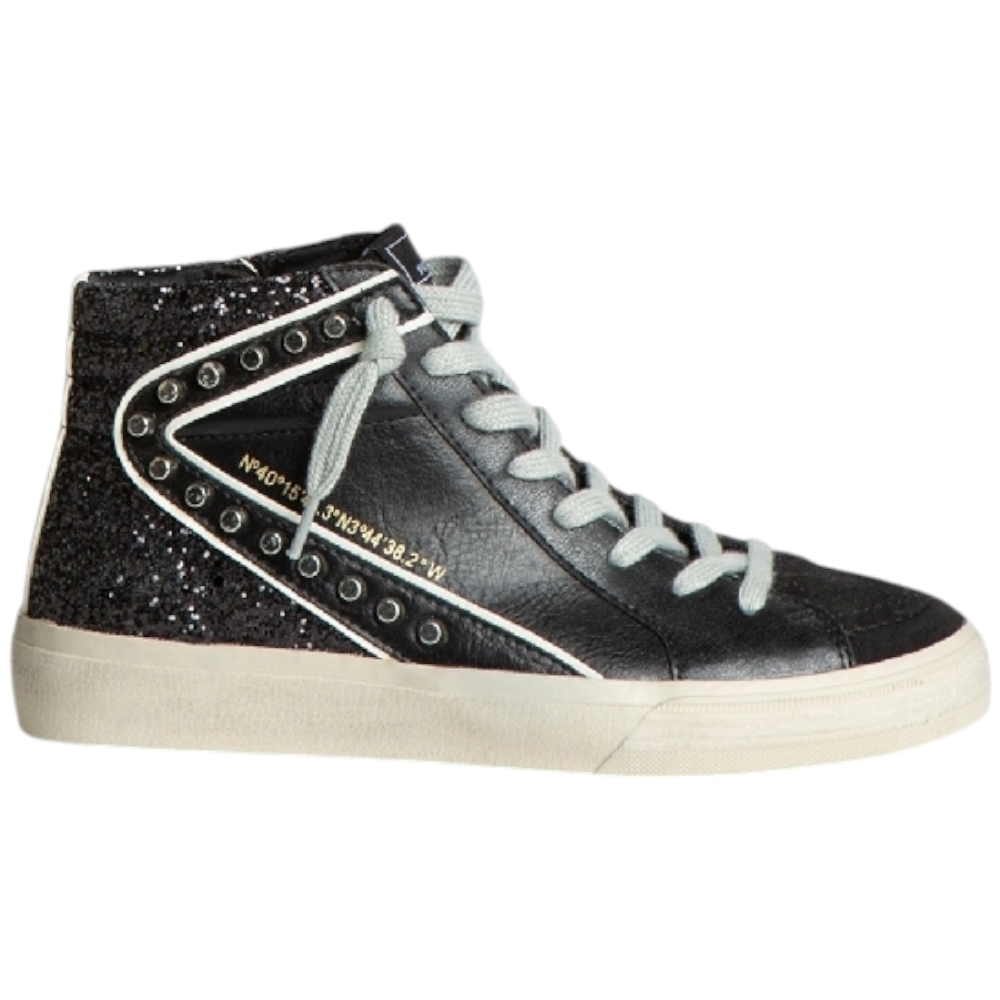 Sneakers alta donna Corina M4502 con zip laterale borchie in nabuk e pelle nera e glitter comode moda made in Spain.