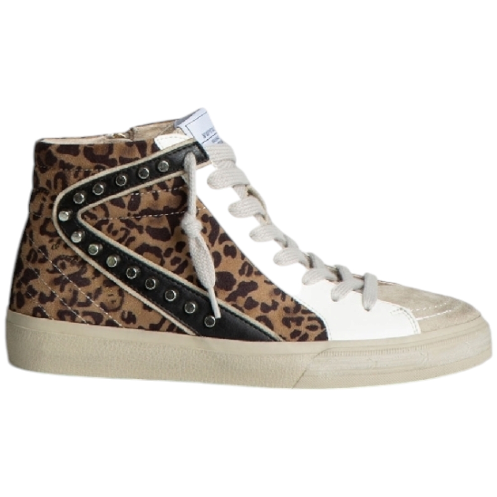 Sneakers alta donna Corina M4502 con zip laterale borchie in nabuk e pelle bianca e animalier comode moda made in Spain.