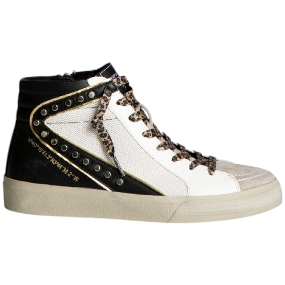 Sneakers alta donna Corina M4502 zip laterale borchie in nabuk e pelle bianca e nera lacci leopard moda made in Spain.