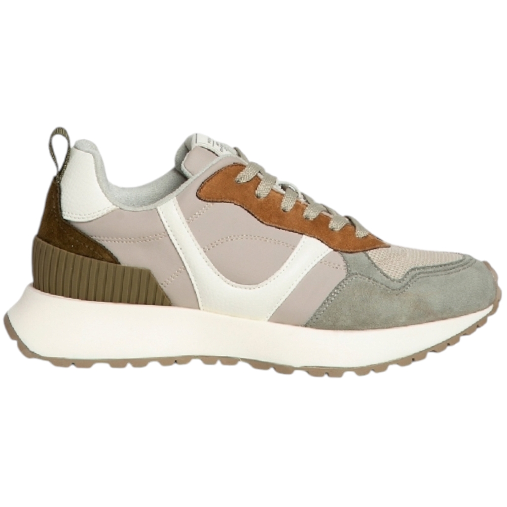 Sneakers bassa donna Corina M4532 in pelle e nabuk beige e verde fondo alto zigrinato comode moda made in Spain.