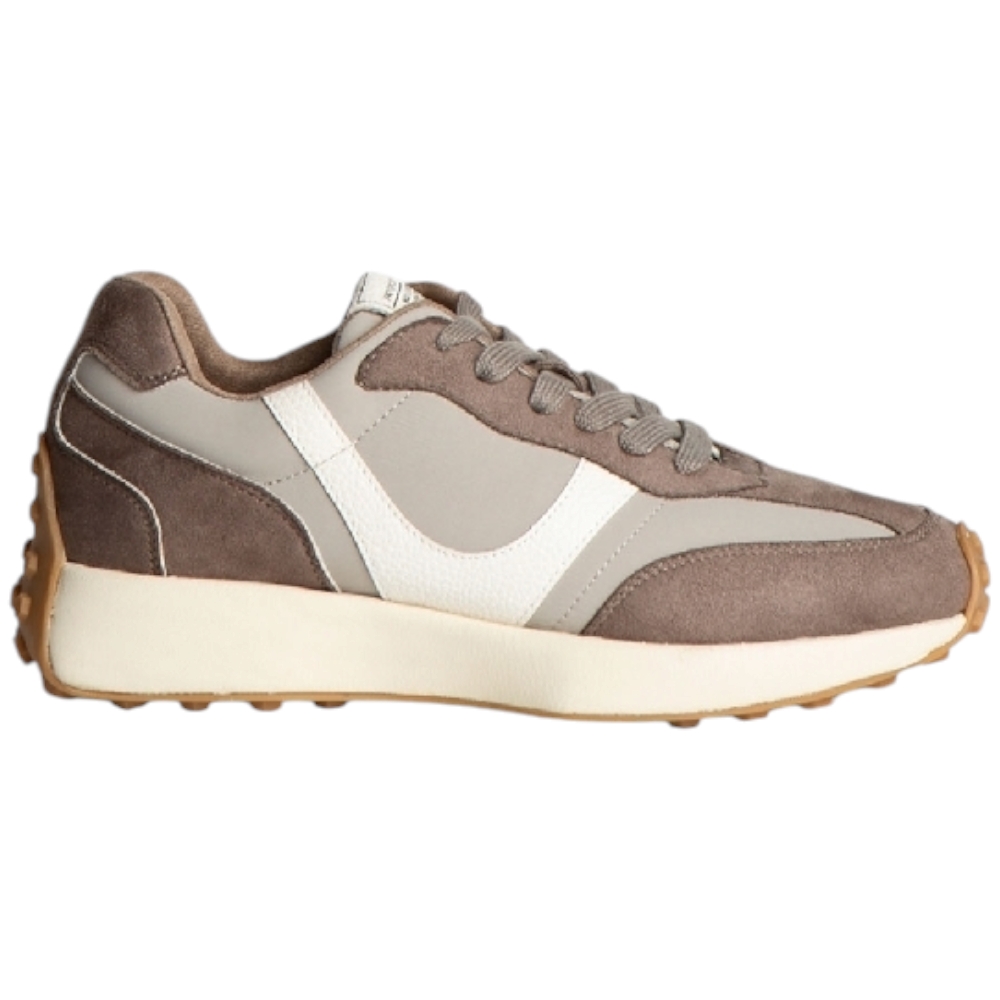 Sneakers bassa donna Corina M4530 in pelle e nabuk beige e taupe fondo alto zigrinato comode moda made in Spain.