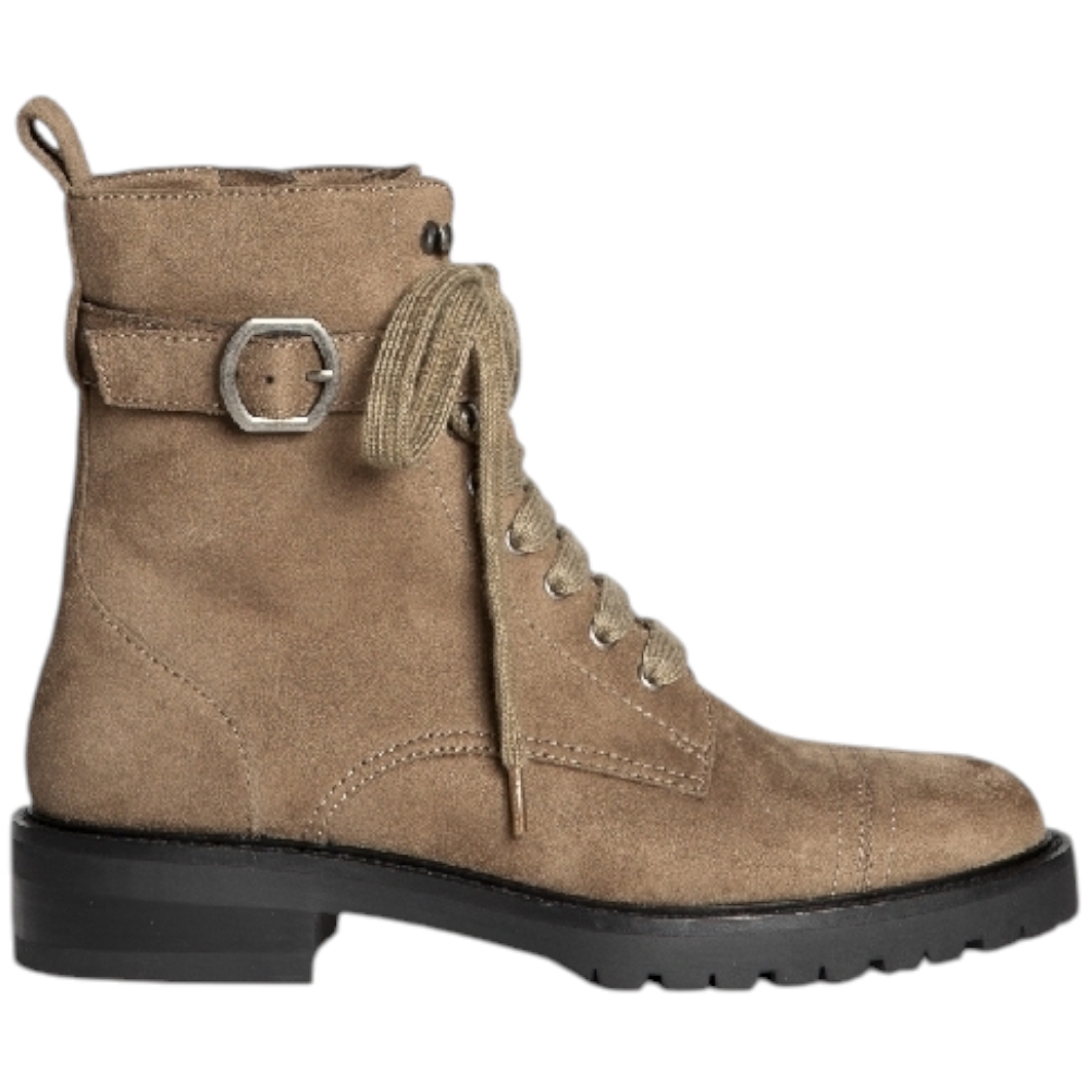 Stivaletto donna anfibio Corina M4841 camoscio taupe con fibbia e lacci fondo alto in gomma zigrinata con zip moda basic.