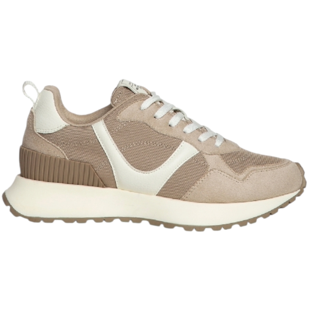 Sneakers bassa donna Corina M4545 in pelle e nabuk beige e cuoio fondo alto zigrinato comode moda made in Spain.