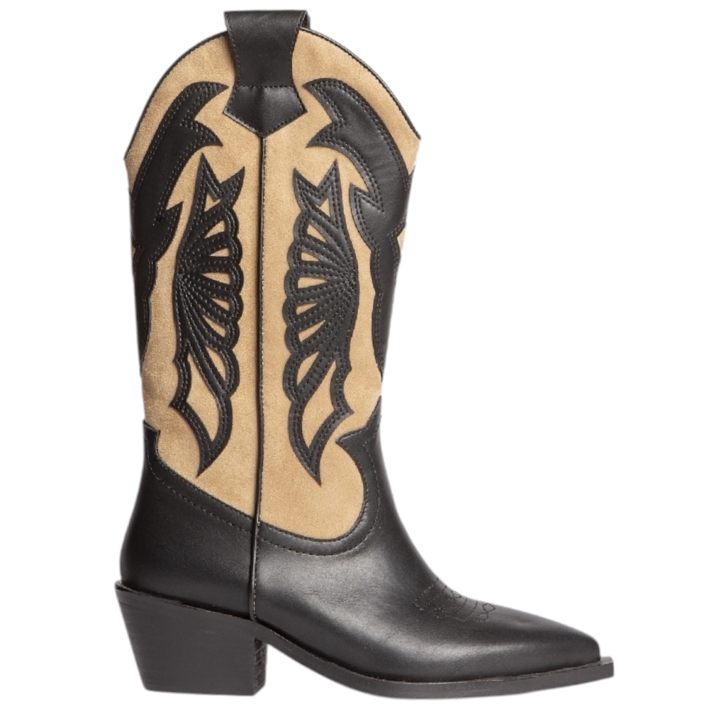 Stivali donna western Corina M4775 camperos bicolore beige e nero altezza polpaccio tacco texano 4,5 cm con zip .