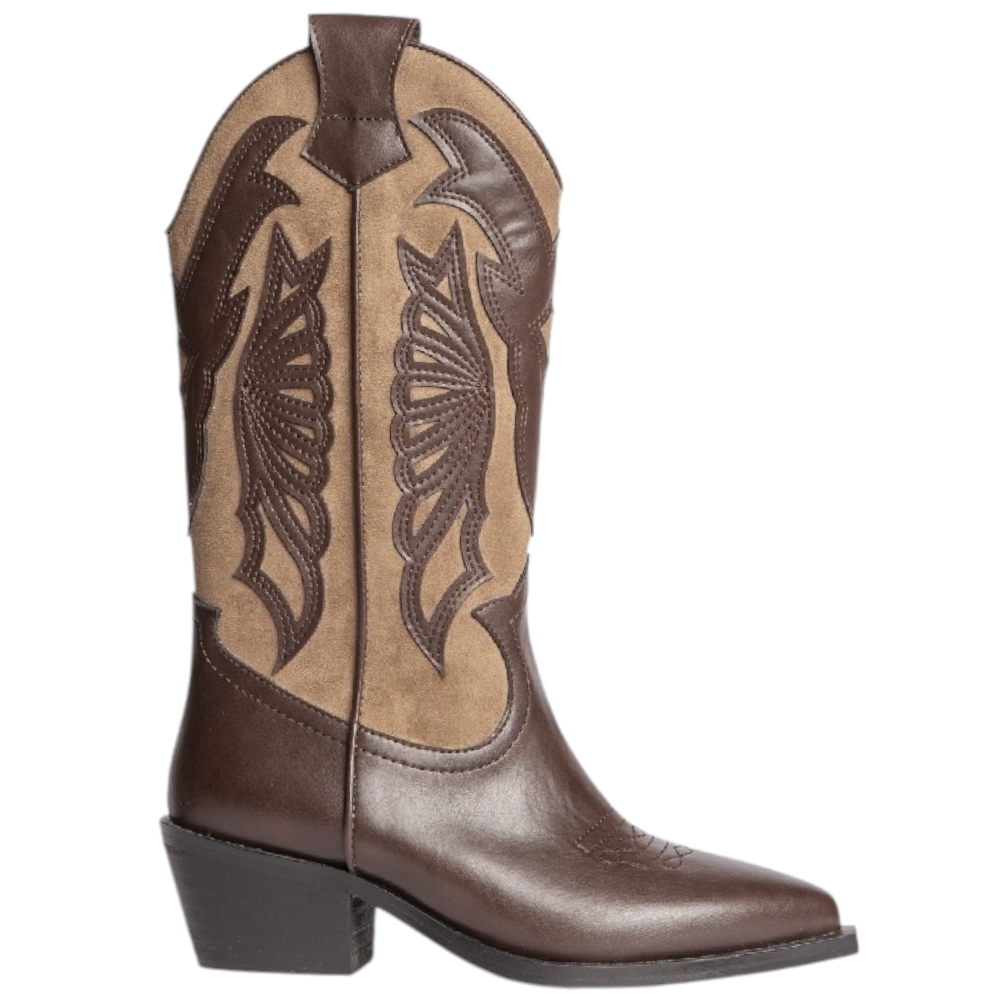 Stivali donna western Corina M4775 camperos bicolore beige e marrone altezza polpaccio tacco texano 4,5 cm con zip .