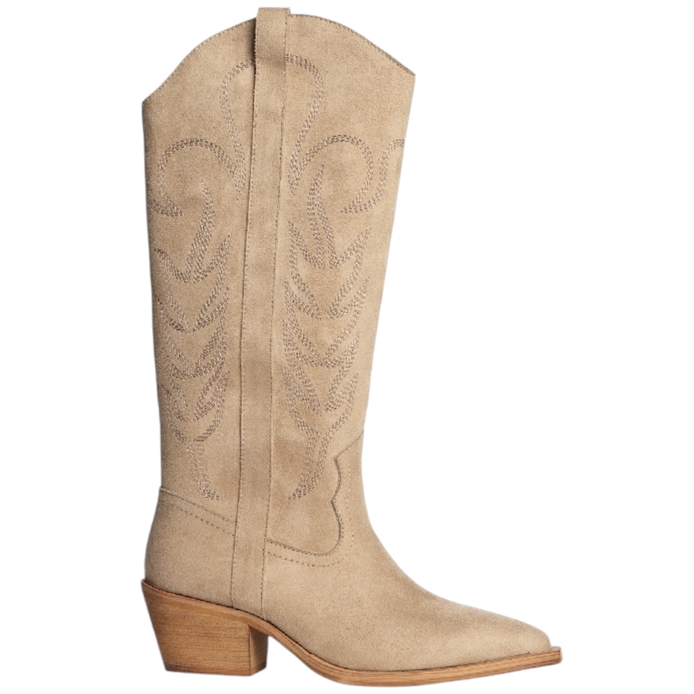 Stivali donna Western Corina M4770 in camoscio beige dettagli fatti a mano con tacco western 4 cm zip al ginocchio basic.