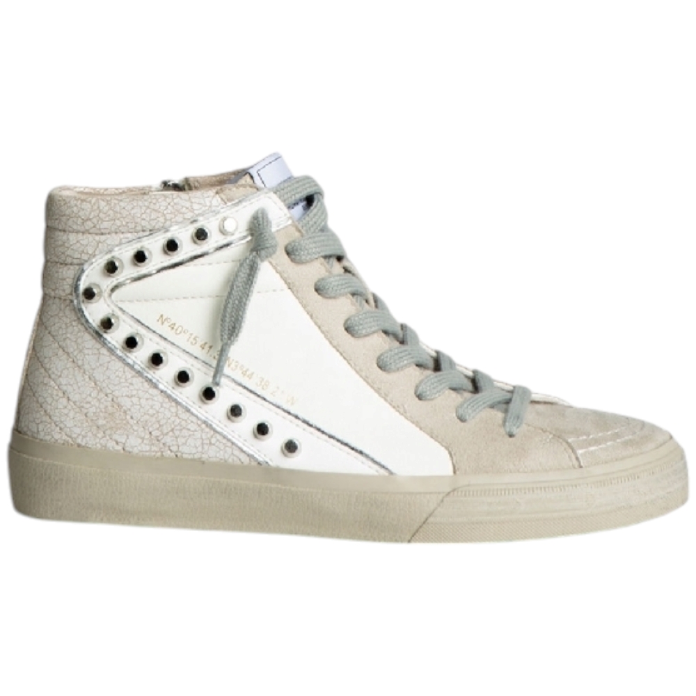 Sneakers alta donna Corina M4502 con zip laterale borchie in nabuk e pelle bianca e neutra comode moda made in Spain.