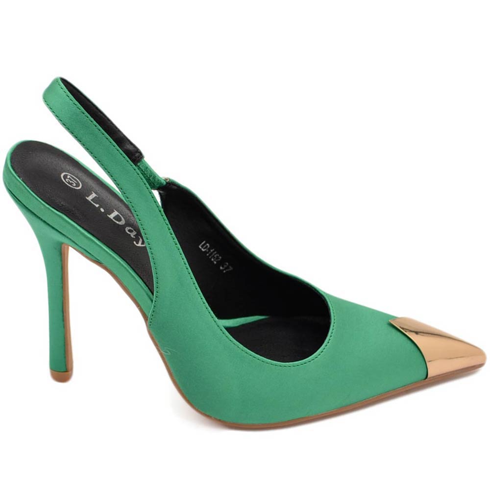 Decollete' donna verde smeraldo alto tacco spillo 12 cm aperto dietro placca oro punta in raso moda cerimonia elegante