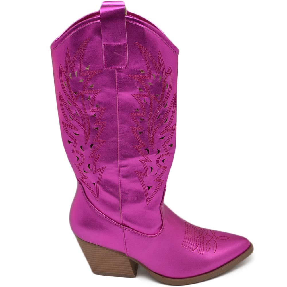 Stivali donna camperos texani stile western forati estivi fucsia lucido tacco western 7 cm con zip laterale