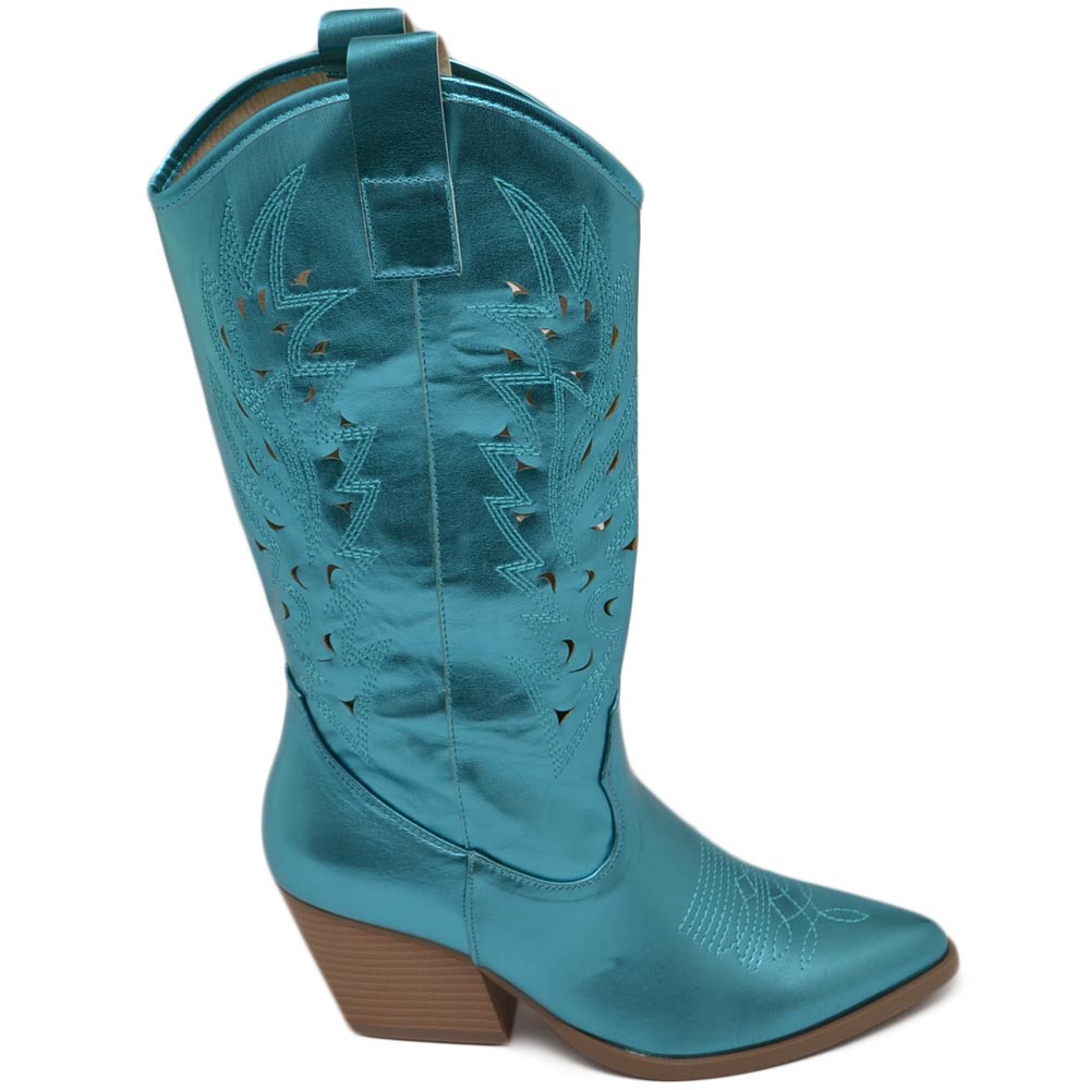 Stivali donna camperos texani stile western forati estivi turchese azzurro perlato tacco western 7 cm con zip laterale