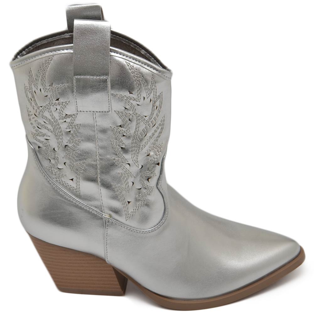 Texano tronchetti donna camperos in vinile argento stivaletti con tacco largo comodo 5cm effetto laser alla caviglia zip.