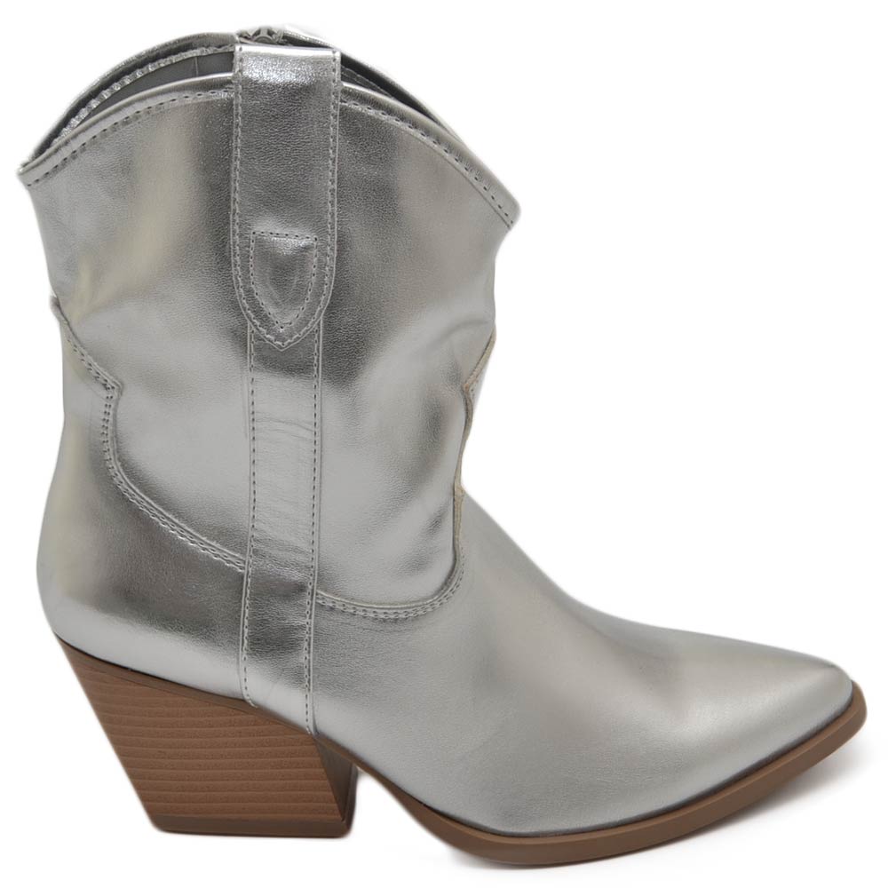 Texano tronchetti donna camperos in vinile argento stivaletti con tacco largo comodo 5 cm liscio alla caviglia zip.