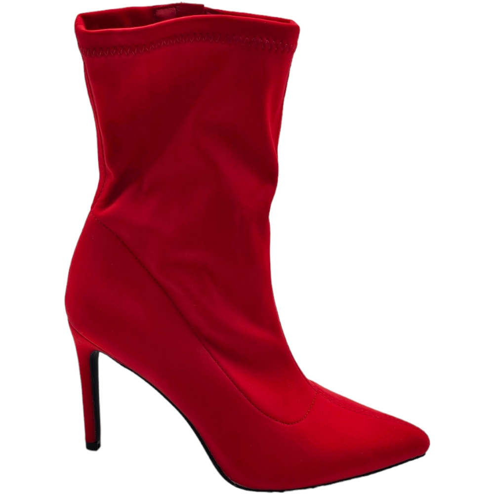 Stivaletti tronchetti donna a punta in licra effetto calzino rosso con tacco sottile 12 cm zip aderenti al polpaccio