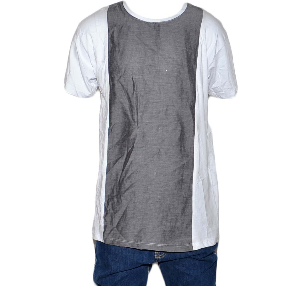 T- shirt basic uomo cotone bianco modello over con inserti in lino grigio sul petto girocollo made in italy.