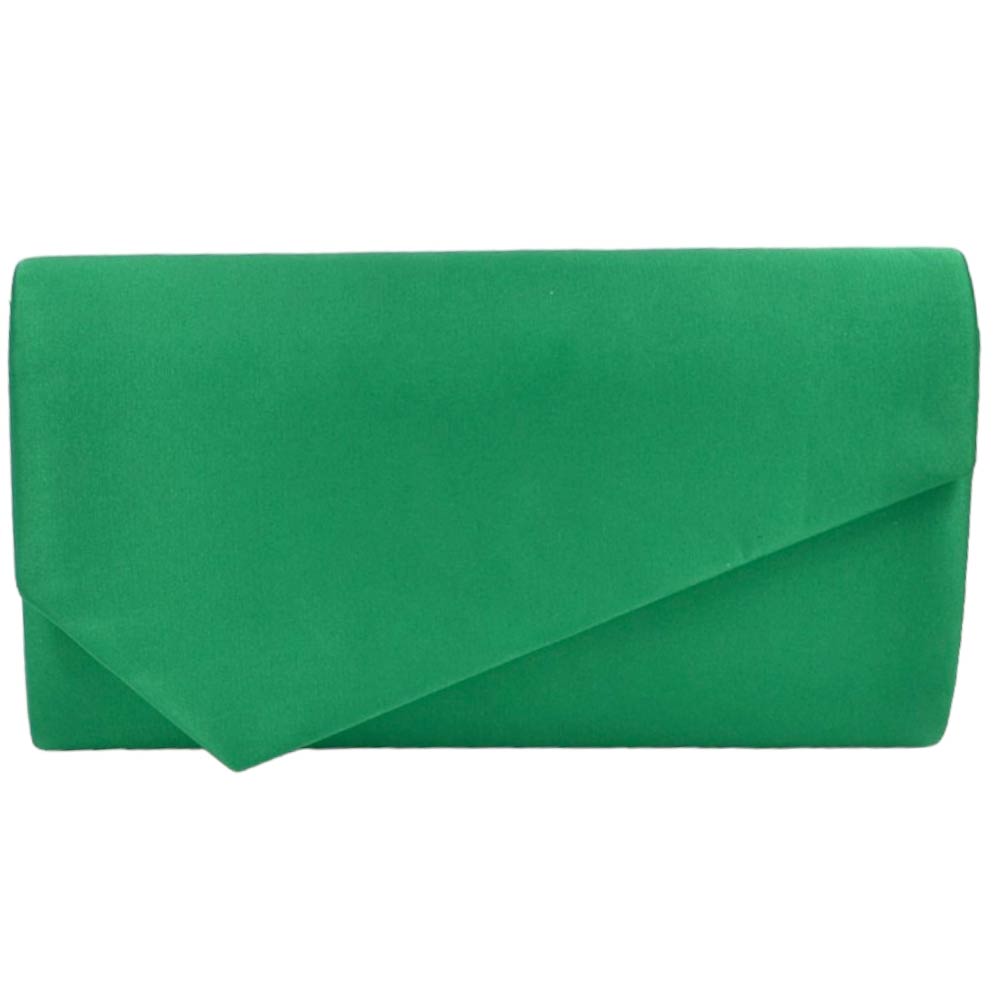 Pochette donna rettangolare a forma asimmetrica in raso verde tinta unita catena argento linea basic made in italy.