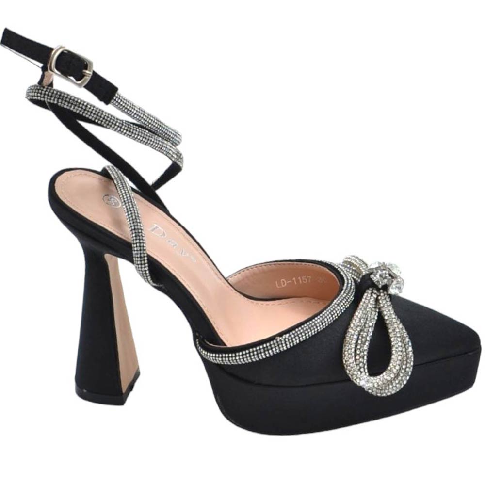 Scarpe decollete donna gioiello nero argento in raso con plateau 3 cm e tacco alto 15 cm cinturino alla caviglia moda.