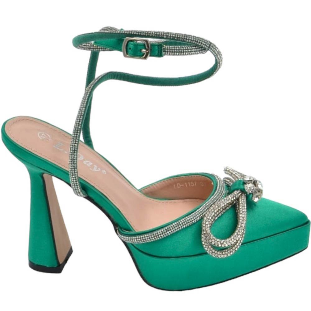 Scarpe decollete donna gioiello verde smeraldo in raso con plateau 3 cm e tacco alto 15 cm cinturino alla caviglia moda.
