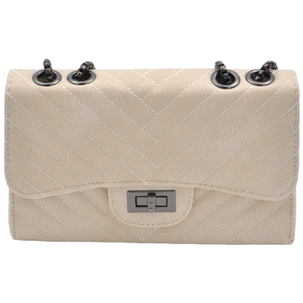 Pochette rigida oversize beige forma rettangolare trapuntata con venature bianche con chiusura zip catena regolabile  