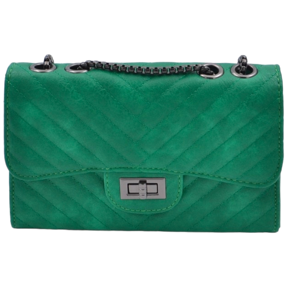 Pochette rigida oversize verde forma rettangolare trapuntata con venature bianche con chiusura zip catena regolabile  