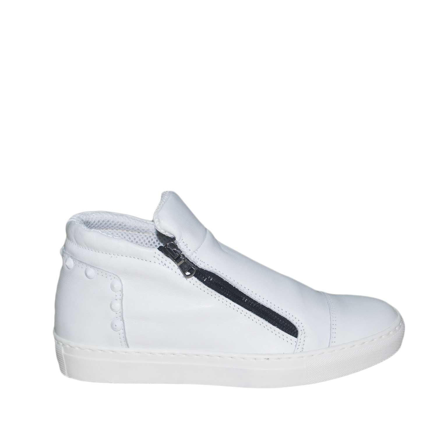 scarpe uomo sneakers alta bianco white vera pelle doppia zip borchie posteriori