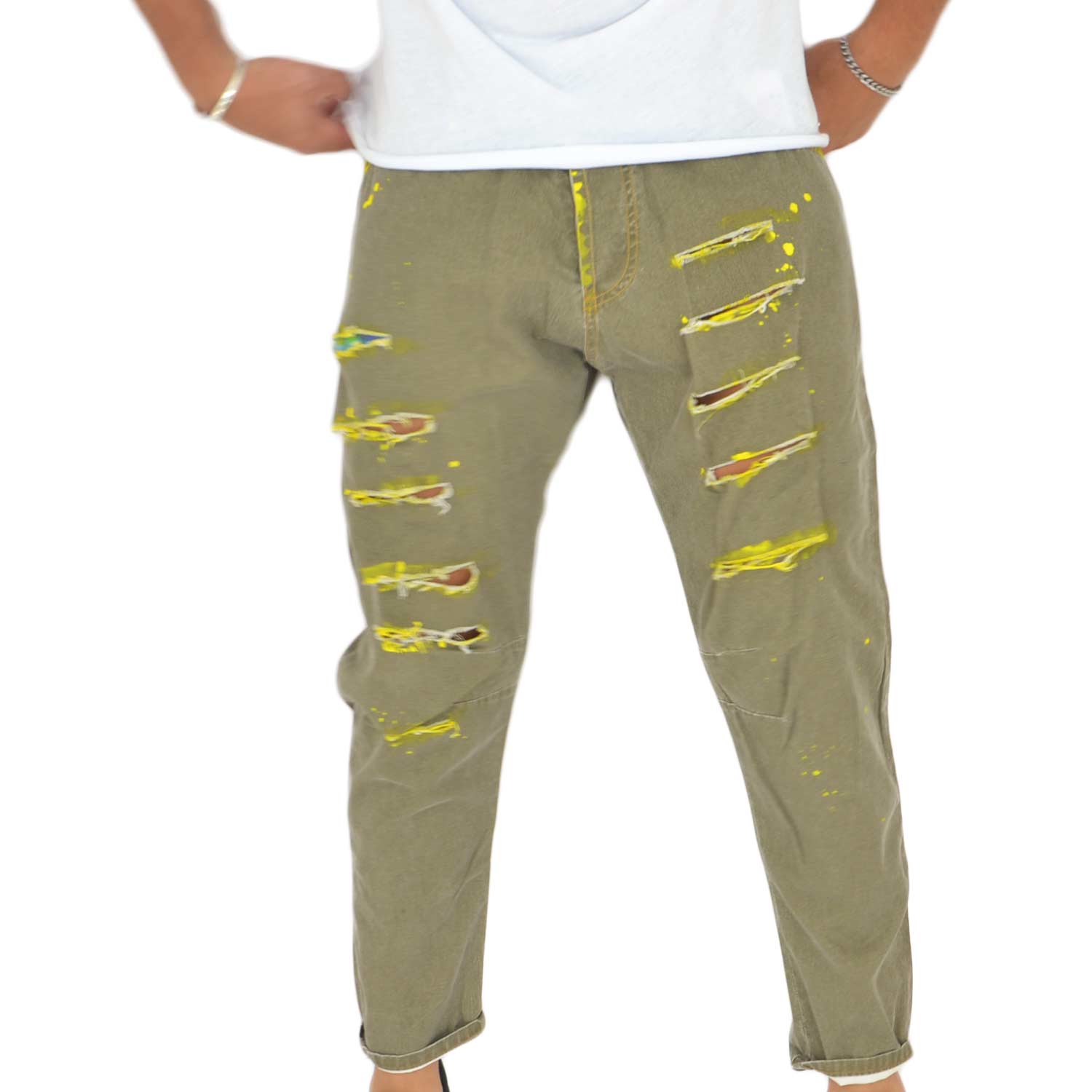 Jeans skinny color verde militare , schizzi di colore e strappi chiusura con cerniera glamour