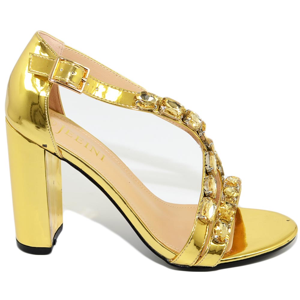 Sandalo donna gioiello oro con tacco fasce sottili incrociate con strass tacco largo moda elegante cerimonie comodo.